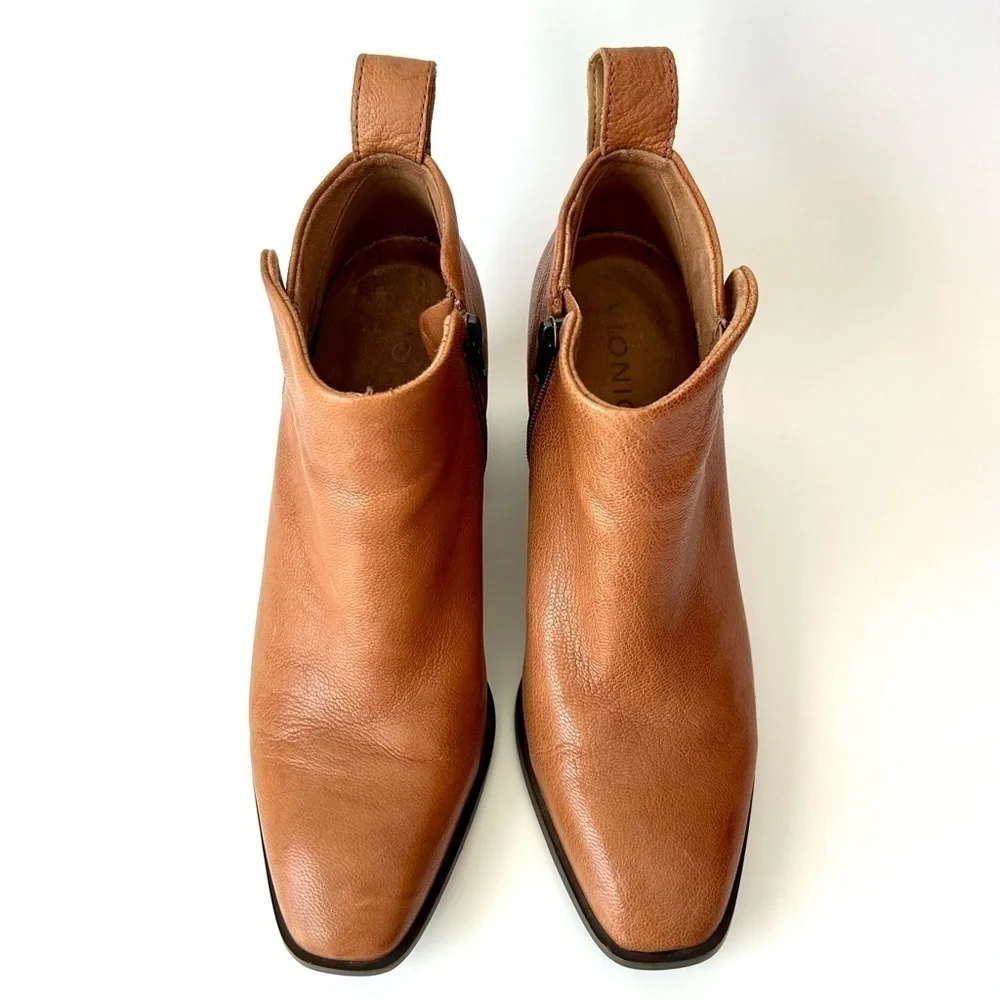 Vionic Alyssa Toffee Leather Ankle Boots Stacked Block Heel Square Toe Size 7.5